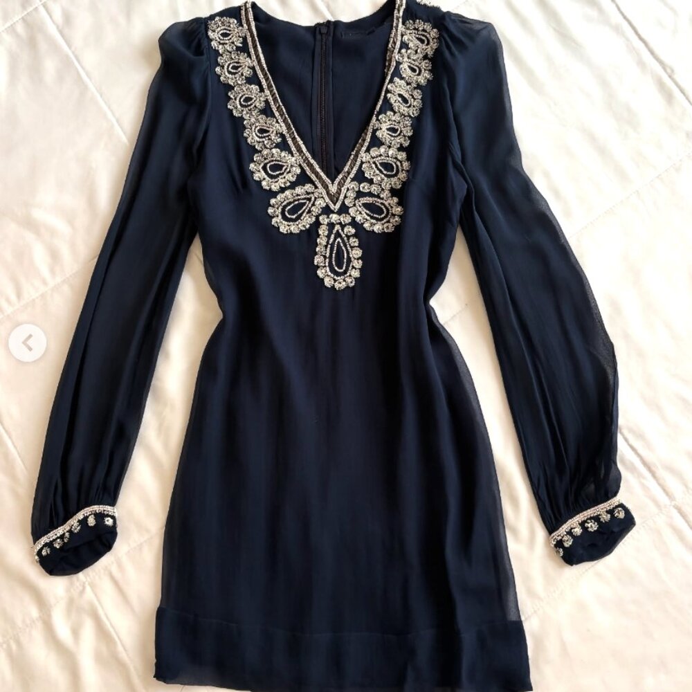 French Connection Navy Sequin Dress with White Embroidery US SIZE 4